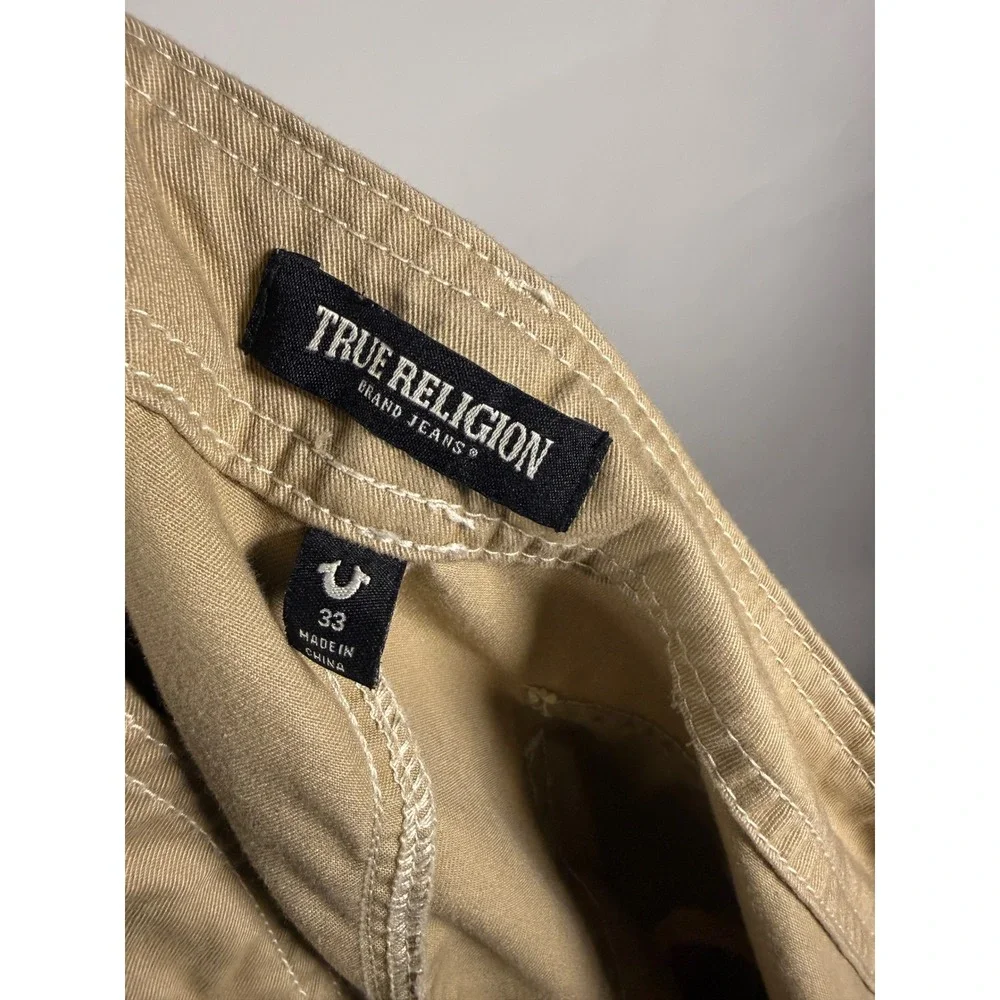 True Religion Mens Khaki Tan Cargo Pants Straight Leg Horseshoe Stitch Size 33